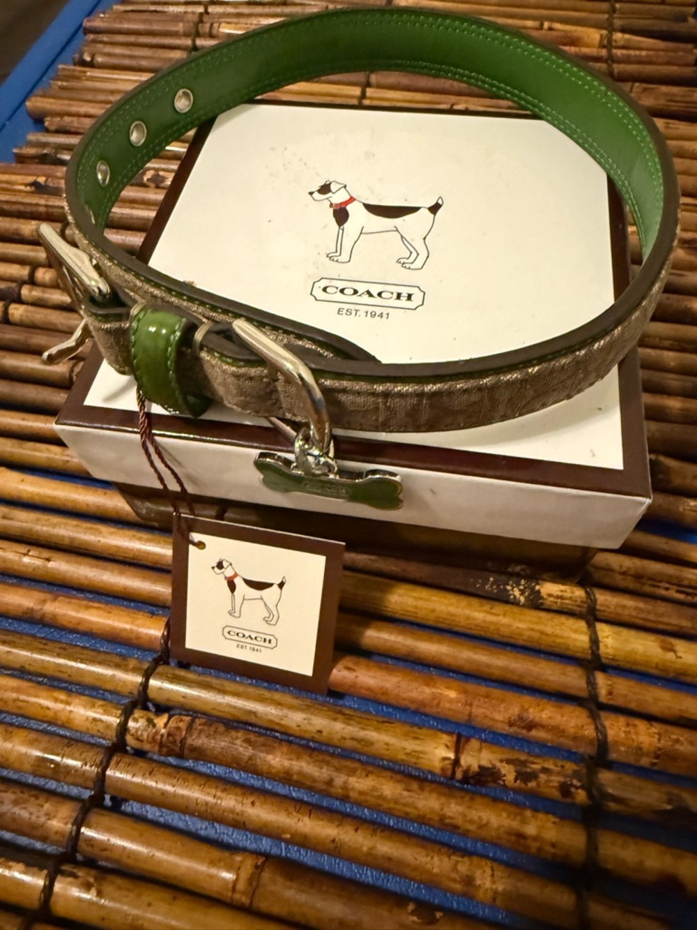 Coach Dog Collar Medium Silver Taupe and Green with Bone Charm